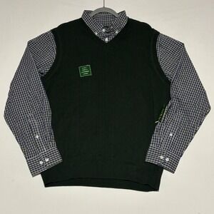 New David Taylor 2-in-1 Sweater Shirt Mens Large Green Plaid Layered V-Neck Vest